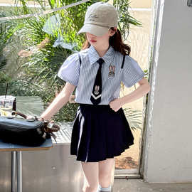 女童学院风套装2025夏季新款大童时髦洋气衬衫百褶裙小女孩两件套