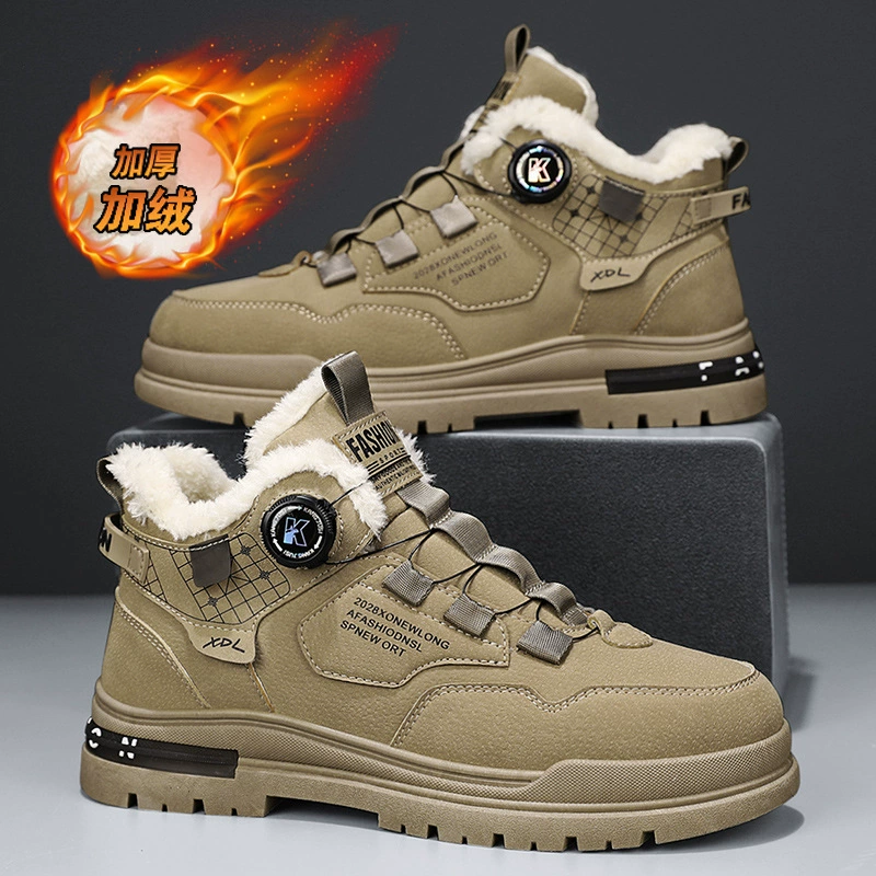 Зимние мужские высокие повседневные ботинки Martin на флисовой подкладке, утолщенная кожаная поверхность на вращающихся пуговицах, без шнурка, теплая обувь xuheng для промышленности