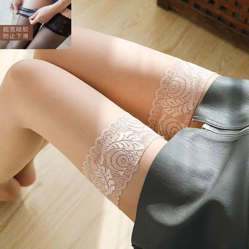 Women's over-the-knee stockings with silicone anti-slip material, lace trim, high-top black/nude color, clearance sale.