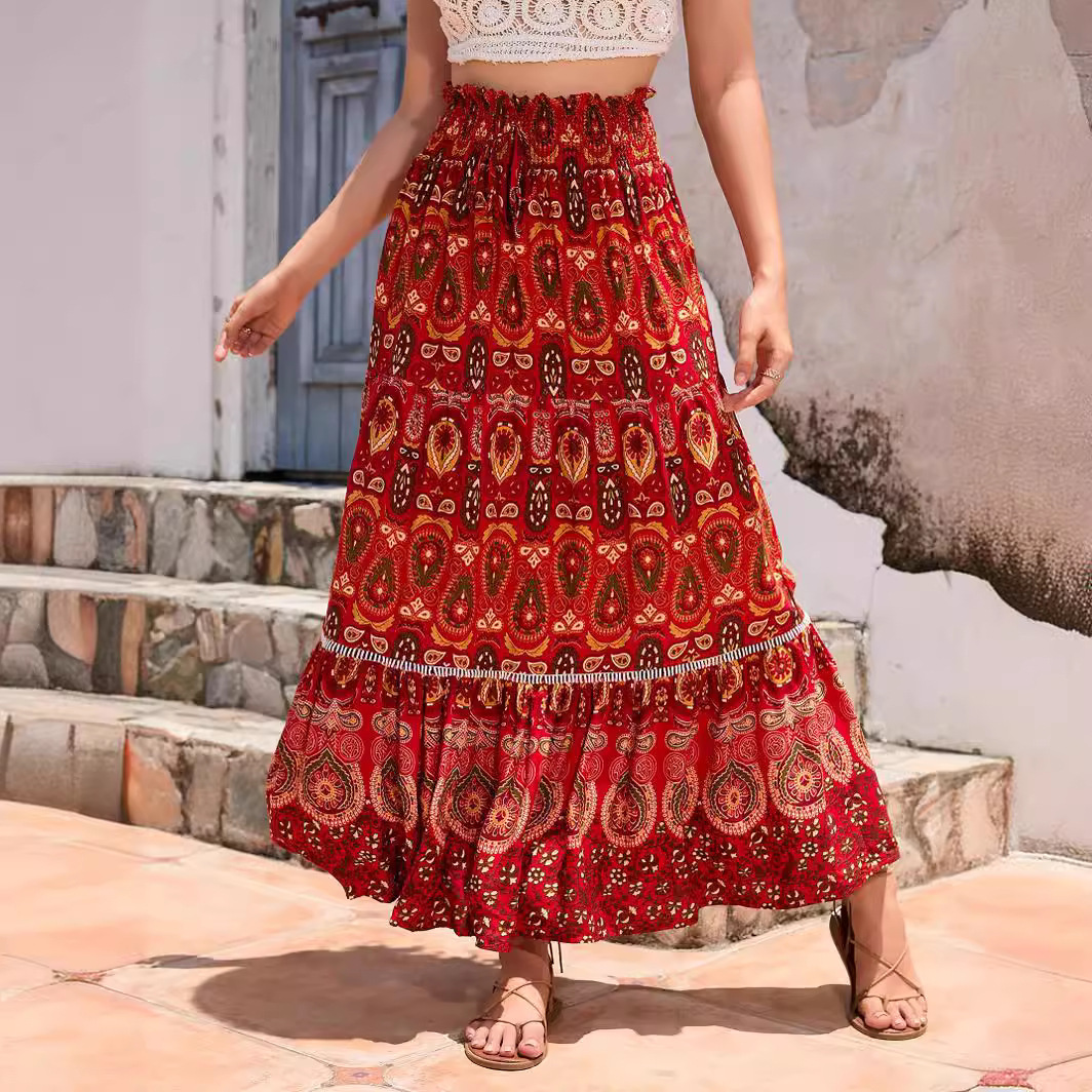Real-life cross-border holiday style hollow lace stitching rayon skirt off-the-line style high waist slim big swing beach skirt
