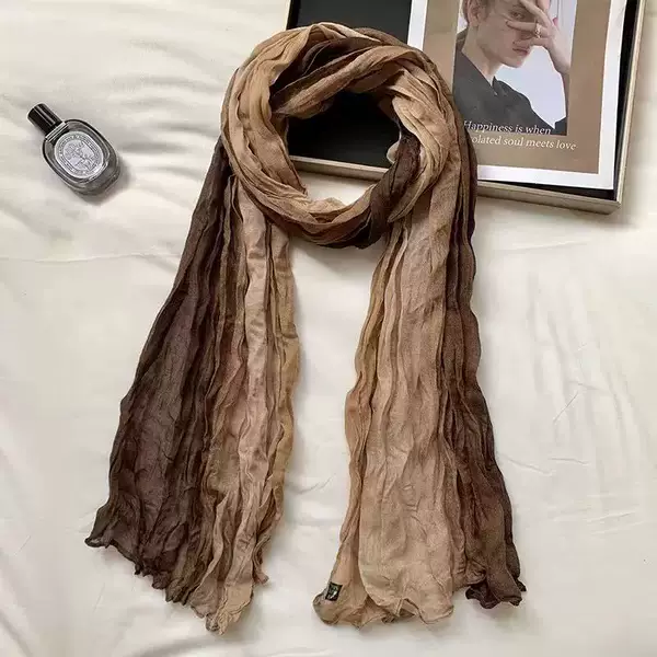 Gradient color bali silk scarf, crinkled cotton-feel long scarf, ethnic style vacation headscarf, thin breathable sun protection shawl