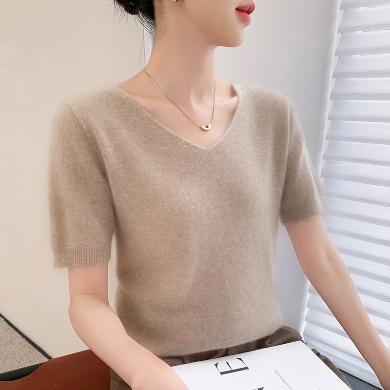 跨境26秋季新款女式针织衫套头毛衣女V领短袖一线成衣百搭打底衫
