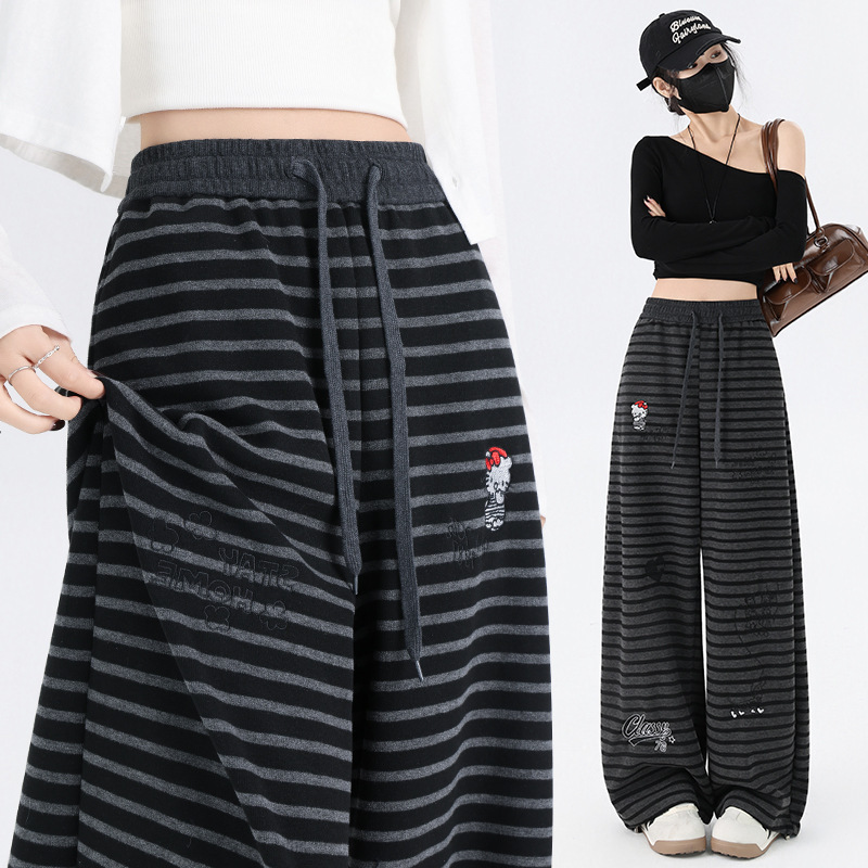 Cat Embroidery Striped Casual Pants for Women 2026 Autumn New Loose Lazy Style Relaxed Sports Sweatpants Trendy