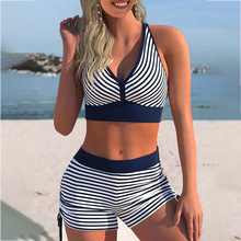新款女士泳装批发条纹分体三件套沙滩度假温泉休闲运动平角游泳衣