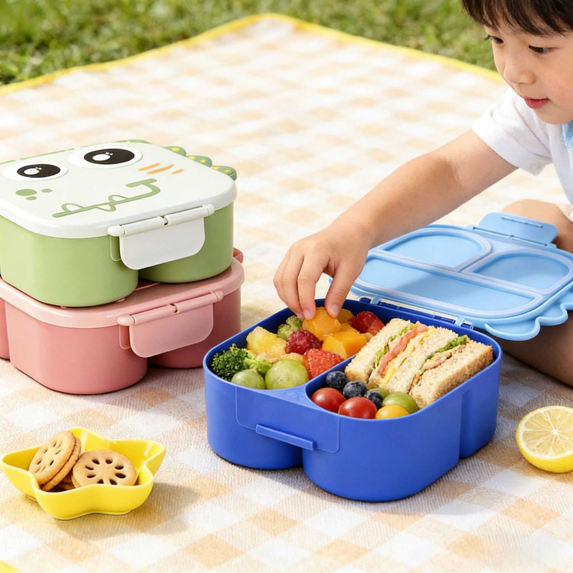 Transfronterizo Amazon dibujos animados pequeños dinosaurios caja de almuerzo caja de sellado de cucharas de plástico PP tenedor portátil caja de almuerzo caja de almuerzo