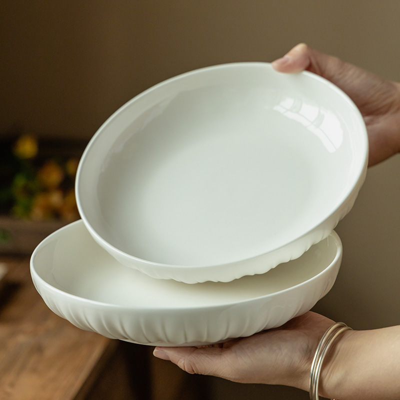 Retro simple plato de cerámica profunda alta sensación de platos de platos caseros redondos de restaurante blanco puro platos de carne de pasta cubiertos