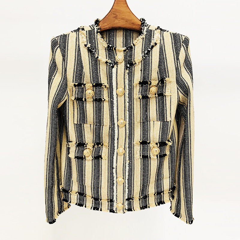 High Street Fashion 2026 Early Spring New Style High-End Sequined Striped Tweed Fringed Round-Neck Jacket