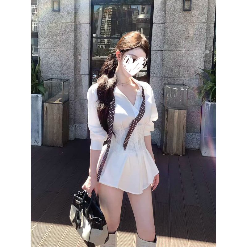 2025早秋新款高级设计感白色长袖V领衬衫女修身显瘦百搭上衣穿搭|undefined