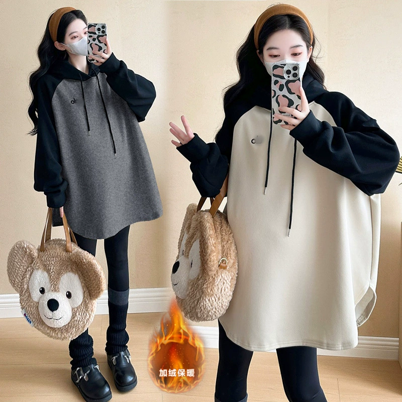 Набор для беременных 2024 осень-зима мода контраст поддельные две свободные средние и длинные бархатные брюки с капюшоном акулы брюки