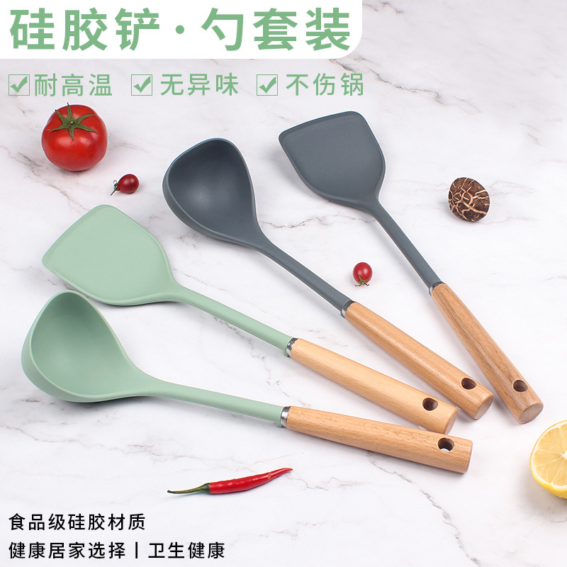 跨境新款木柄硅膠鏟食品級硅膠鏟勺套裝家用湯勺炒菜專用鏟