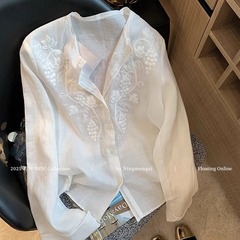 女性用白いヘビーデューティー刺繍リネンシャツトップス、2025年春の新デザイン、カジュアルでエレガントなシンプルなシャツ