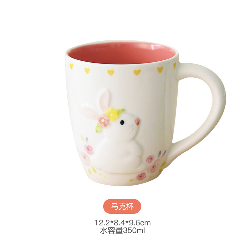 Taza de cerámica europea, serie Primavera con conejo de Pascua y rosa, color bajo esmalte, taza de agua de oficina de alto valor