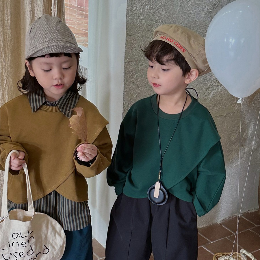 佳葉童品2024兒童春季純色不規則衛衣男女寶寶開叉長袖T恤上衣