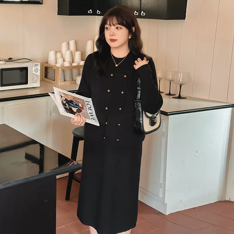 大码半高领连衣裙女外搭马甲两件套2025冬胖mm显瘦针织套装21927