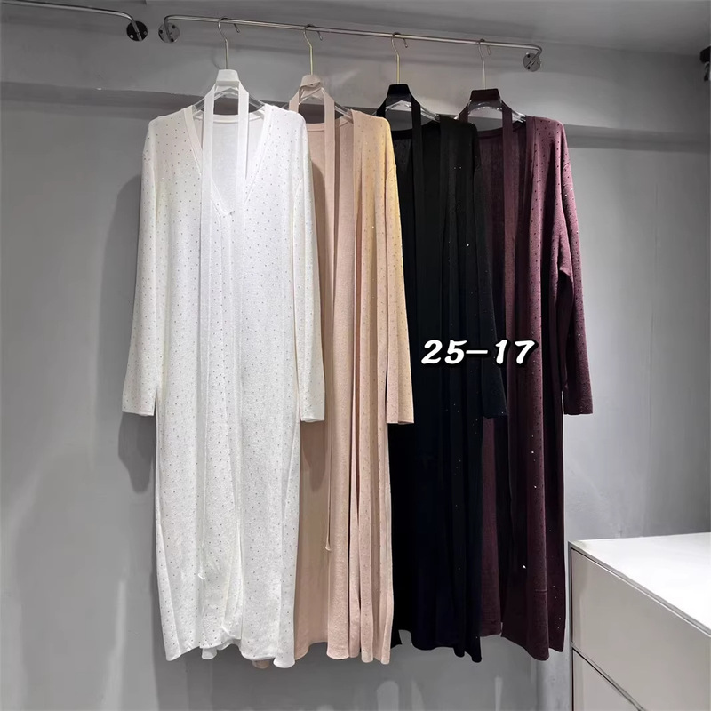 European and American Cross-Border Heavy-Duty Star-Patterned Rhinestone Ultra-Long Knitted Cardigan for Women, New Spring Style, Loose Fit with Tie Waist Top