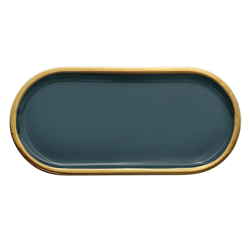 Nordic ins borde de oro cerámica creativa retro verde oscuro oval disco hogar almacenamiento joyería y acabado bandeja occidental placa