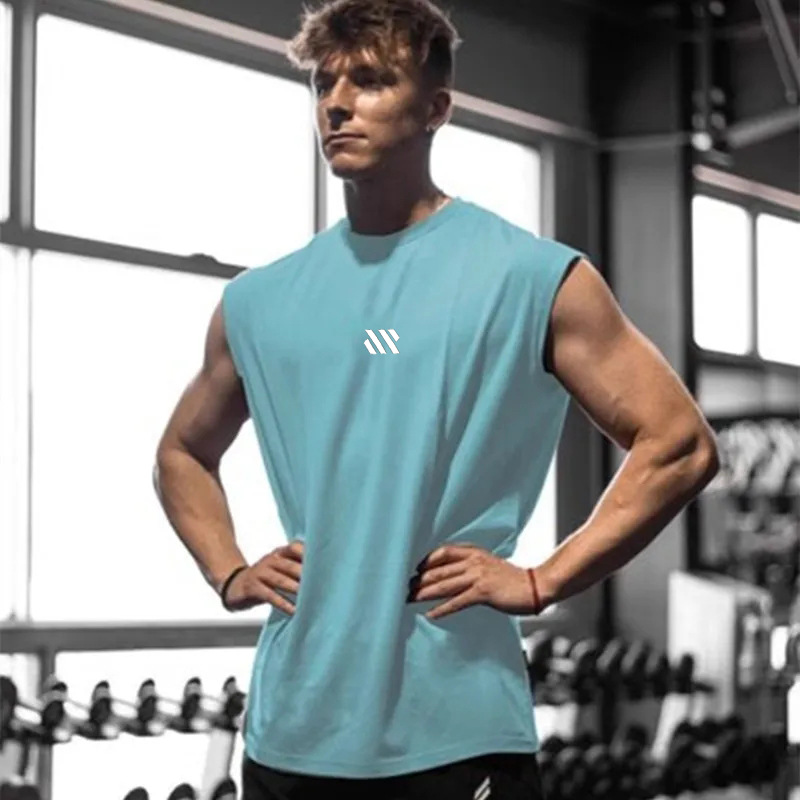 Camiseta de hombro ancho para hombres de verano chaleco de fitness de malla entrenamiento de ropa de fitness relajado chaleco de Maratón de marea de cuello redondo