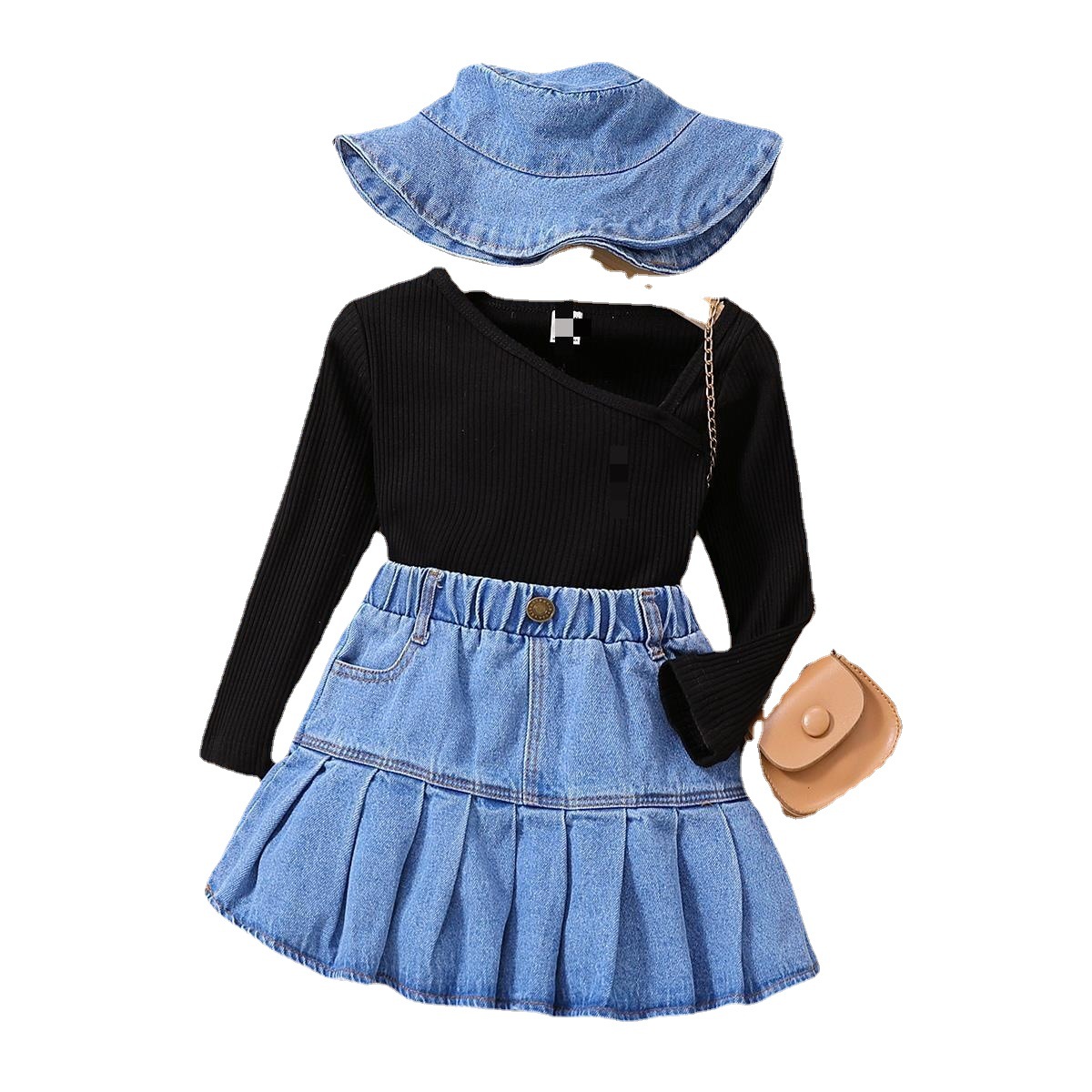 Abbigliamento per bambini 2024 Set di 3 pezzi con top con scollo a V e gonna in denim e cappello, per ragazze_voghion.com