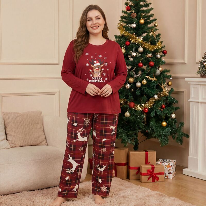 Cross-border plus-size pajamas Christmas set, spring and autumn cartoon reindeer print two-piece milk silk holiday home wear Cross-border plus-size pajamas Christmas set, spring and autumn cartoon reindeer print two-piece milk silk holiday home wear