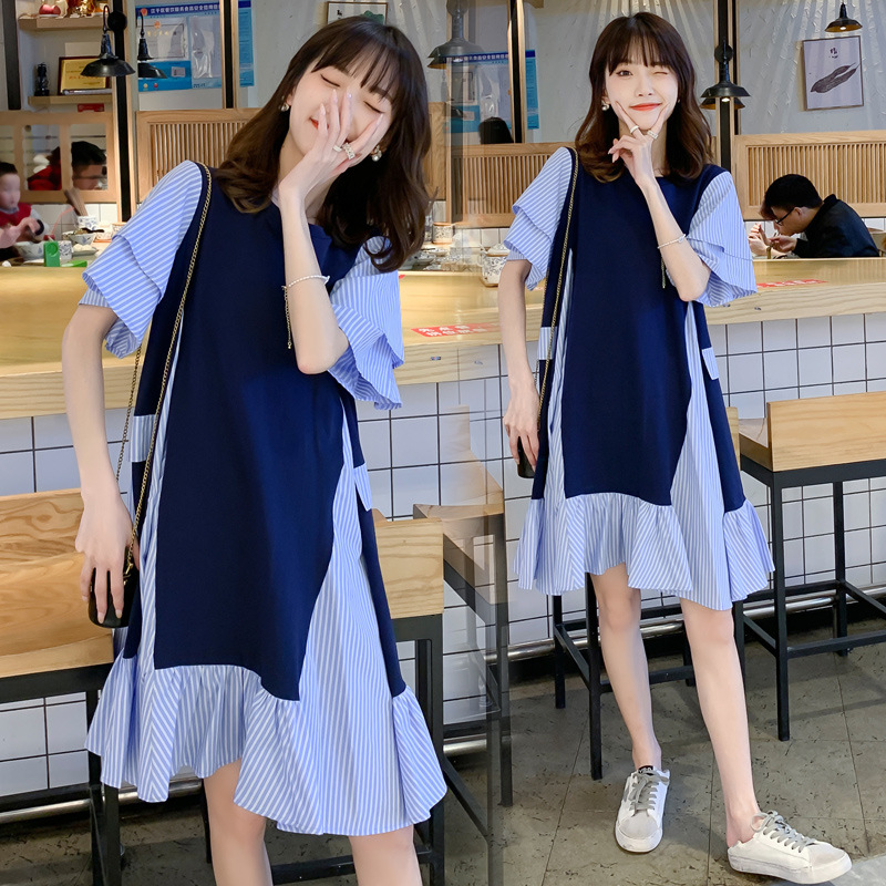 夏21新作 Aライン 清新 ストライプ 切り替え 体型カバー ワンピース Change U