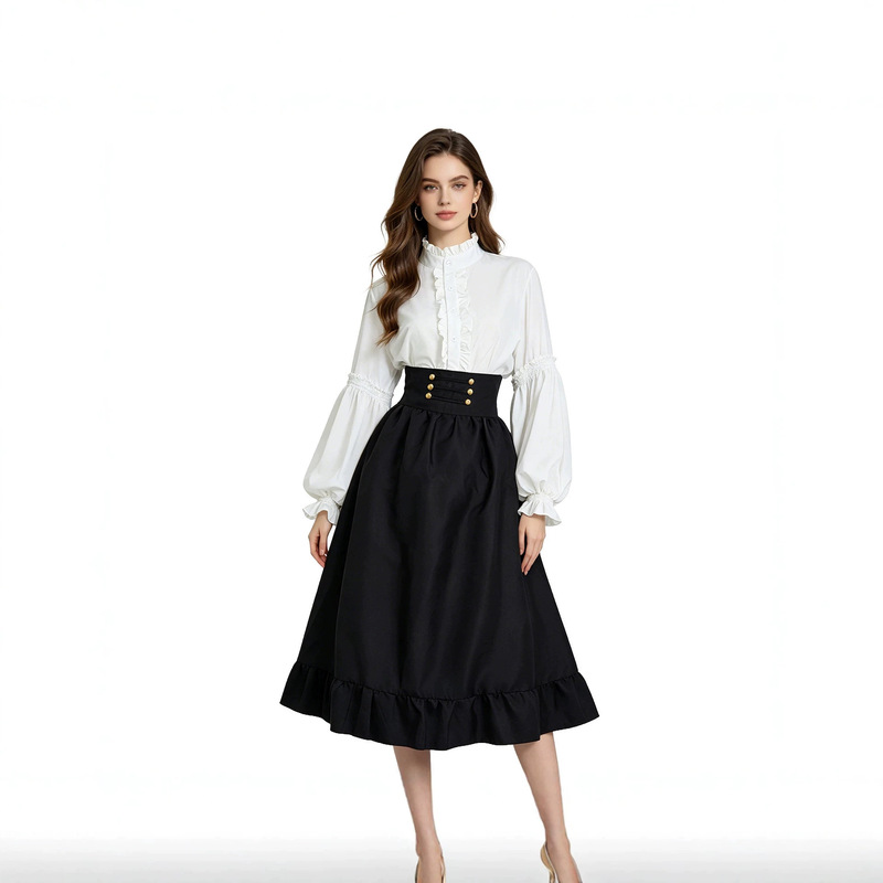 European and American Cross-Border French Retro Lantern Sleeve Lace Blouse High-Waisted Overlay Skirt Court Style European and American Cross-Border French Retro Lantern Sleeve Lace Blouse High-Waisted Overlay Skirt Court Style