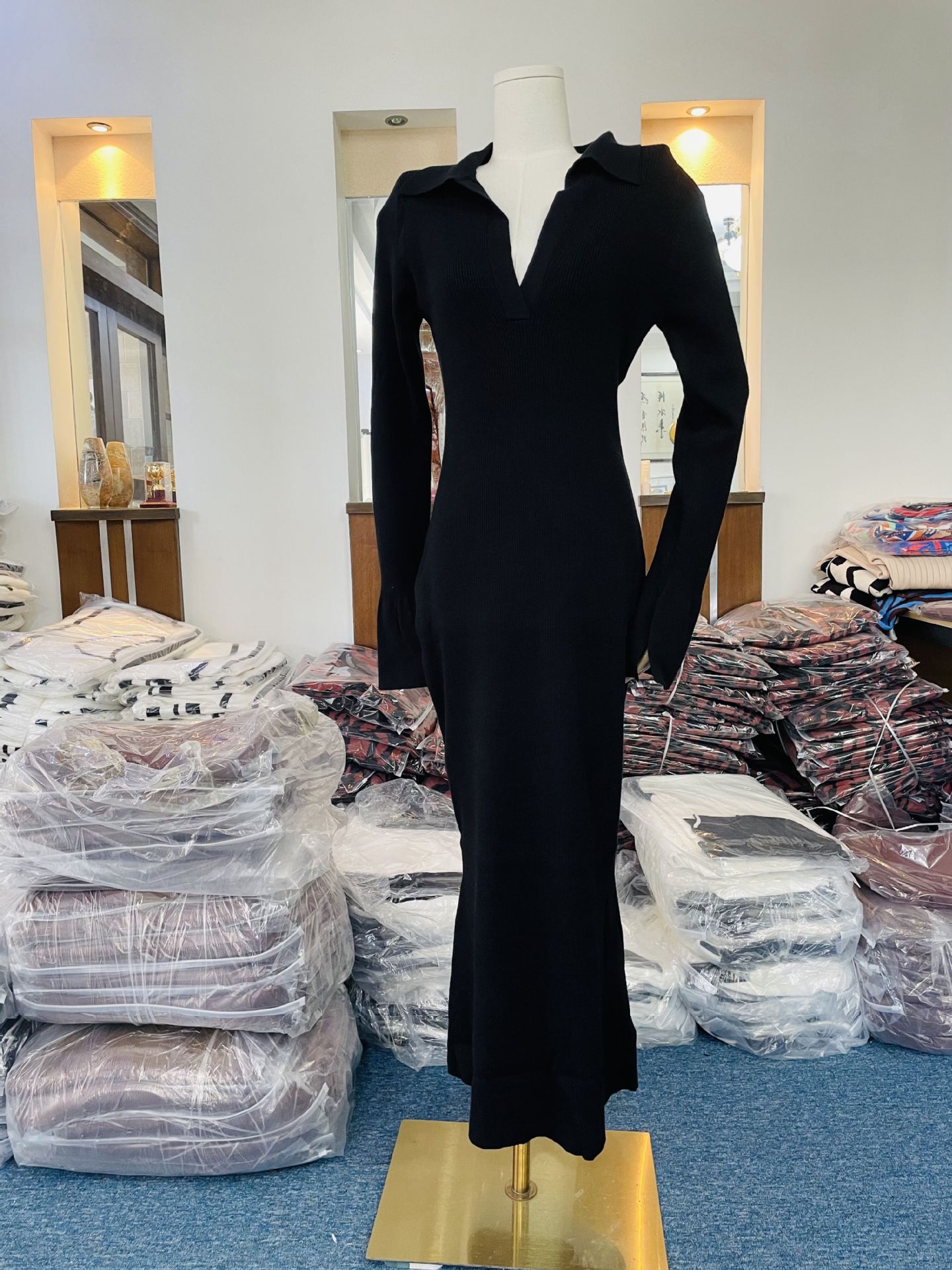 Women Clothing Long Sleeve Dress Women Knitted Deep V Plunge Sweater Maxi Dress