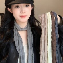 复古文艺褶皱长条丝巾女时尚百搭装饰系脖围巾高级感气质领巾配饰