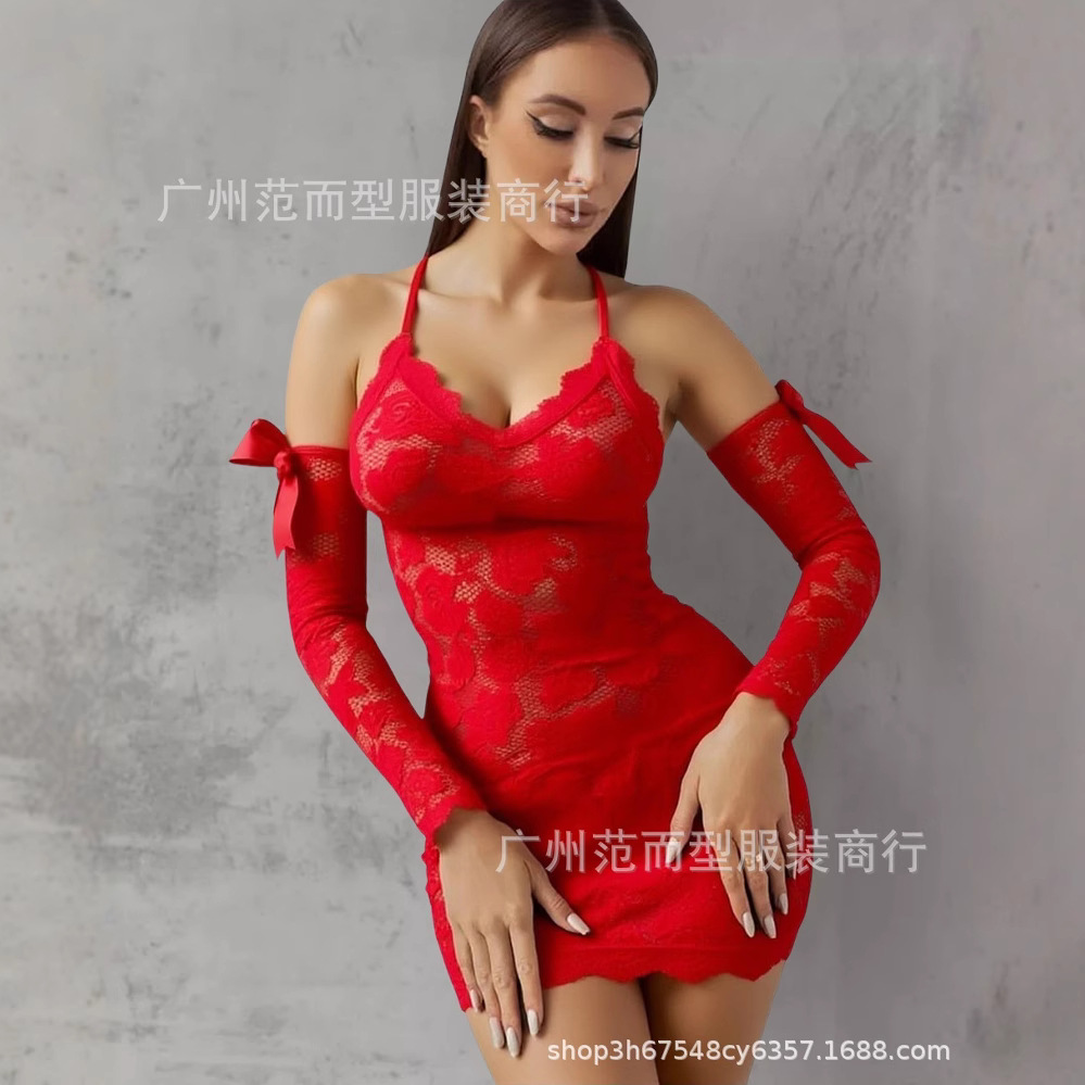 секси пижамы挂脖爱心花朵刺绣性感包臀裙套装30843-阿里巴巴