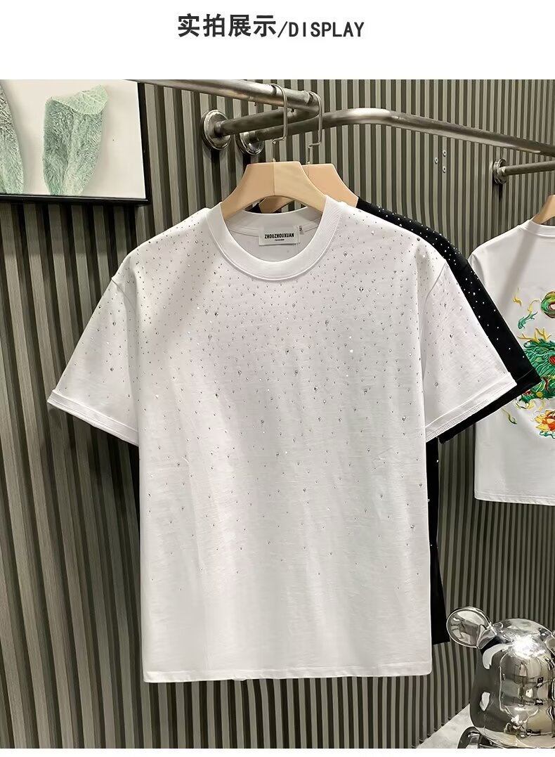 Men's Trendy Starry Sky T-Shirt With Rhinestones Loose Fit Short Sleeved Top For Mature Style_viptrois.com