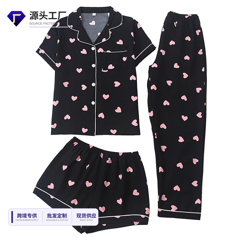 Cross-Border European and American Temu Women's Casual Home Wear Printed Short-Sleeve Long Pants Shorts Three-Piece Pajama Set for Going Out Cross-Border European and American Temu Women's Casual Home Wear Printed Short-Sleeve Long Pants Shorts Three-Piece Pajama Set for Going Out