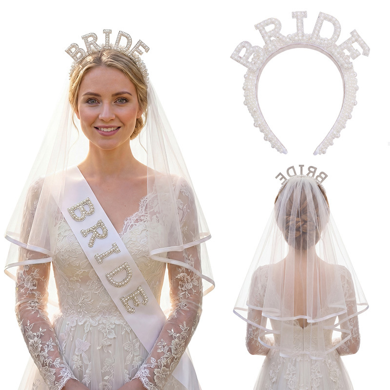 Personalizada boda tocadena de novia perla banda de cabello tocadena de soltero fiesta de cristal correa de hombro de boda conjunto de cinta