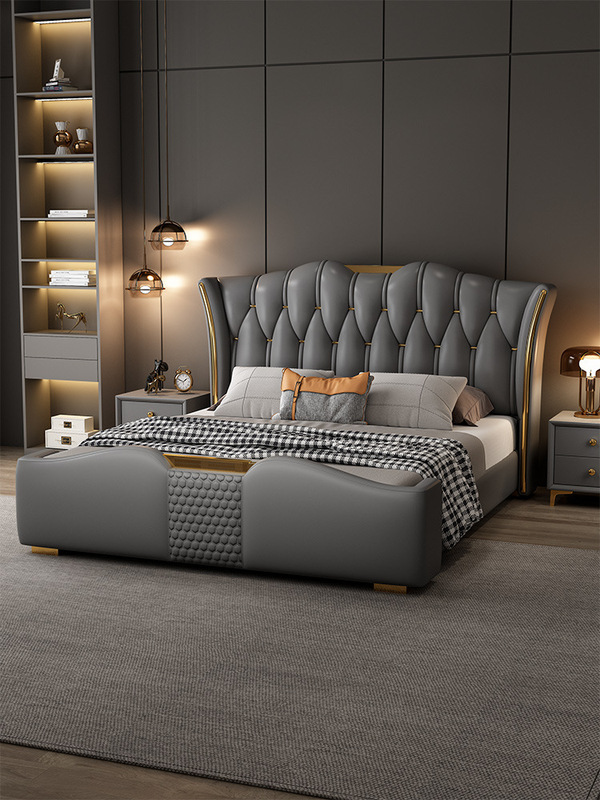 Italian-Style Light Luxury Genuine Leather Bed, High-End and Luxurious Master Bedroom, 2m X 2.2m Large Bed, Solid Wood Modern Minimalist Double Bed