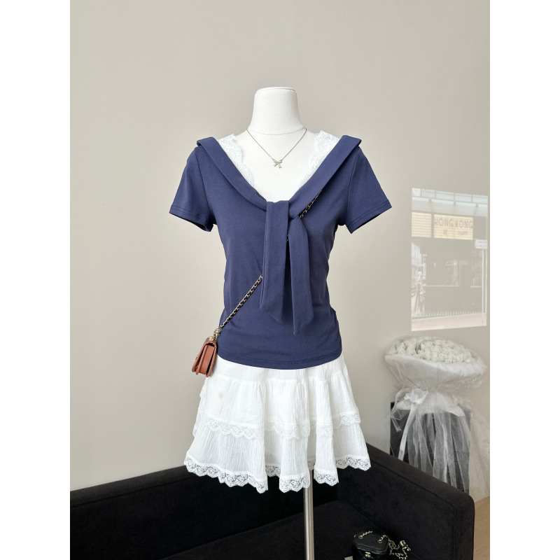 Soft Nautical Style 2026 Summer New Style Patchwork Lace Navy Collar Tie-Up Regular Shoulder Fitted T-Shirt Soft Nautical Style 2026 Summer New Style Patchwork Lace Navy Collar Tie-Up Regular Shoulder Fitted T-Shirt