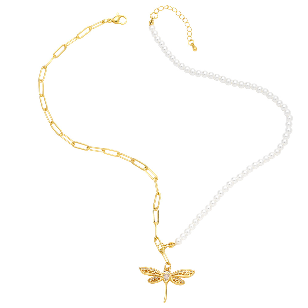Fashion Dragonfly Copper Pendant Necklace Pearl Plating Inlay Zircon Copper Necklaces