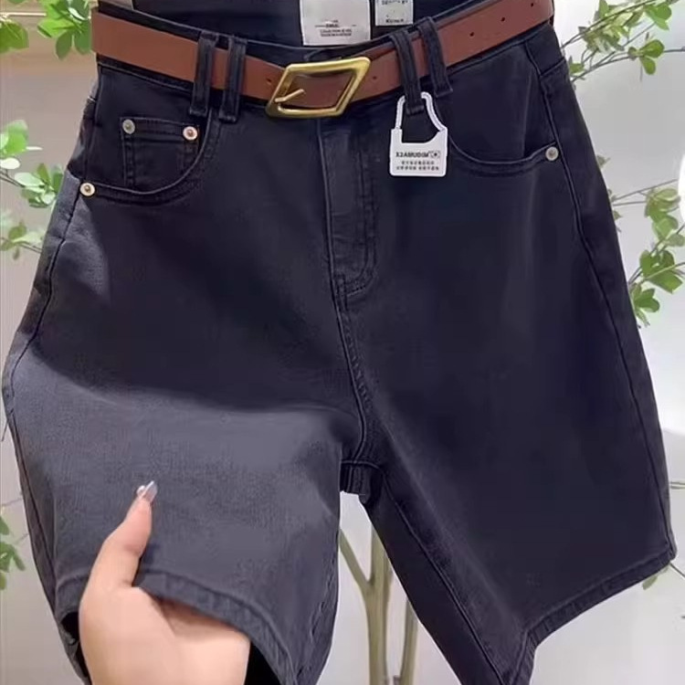 Black Stretch Jeans for Women 2025 Summer New Style Loose Slimming High-Waisted A-Line Shorts Five-Point Straight Pants