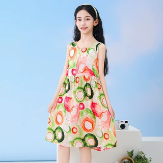 2025夏季女童小碎花连衣裙儿童女孩绵绸无袖公主裙宝宝人造棉裙子