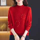 2025秋冬新款半高领100%绵羊毛针织衫女厚羊毛长袖宽松毛衣打底，女装针织衫/毛衣，妃慕昵服饰