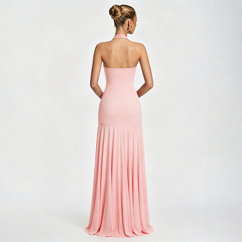 Amazon verano 2026 nuevo temperamento de mujer de color sólido cuello de cuello bajo sexy empalme vestido de espalda abierta vestido
