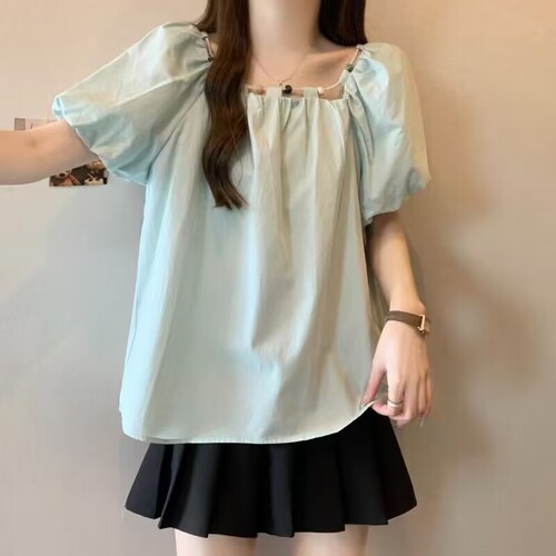 Design Sense Beaded Blue Bubble Sleeve Splicing Short Sleeve Shirt Women 2025 Summer New Arrival Korean Version Elegant & Slimming Top