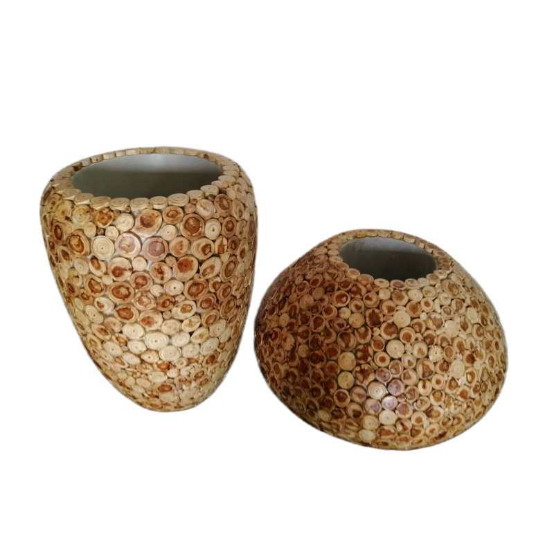 批发实木切片花器木雕艺术品中式家居软装饰品仿真绿植花瓶摆件