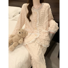 睡衣女款冬季珊瑚绒加厚加绒法兰绒长袖开衫感套装冬天家居服包邮