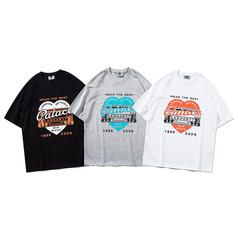 カーハレターズ刺繍入りウォッシュ加工ラウンドネックルーズフィット男女兼用カップル向けcarhar半袖Tシャツ2026新作