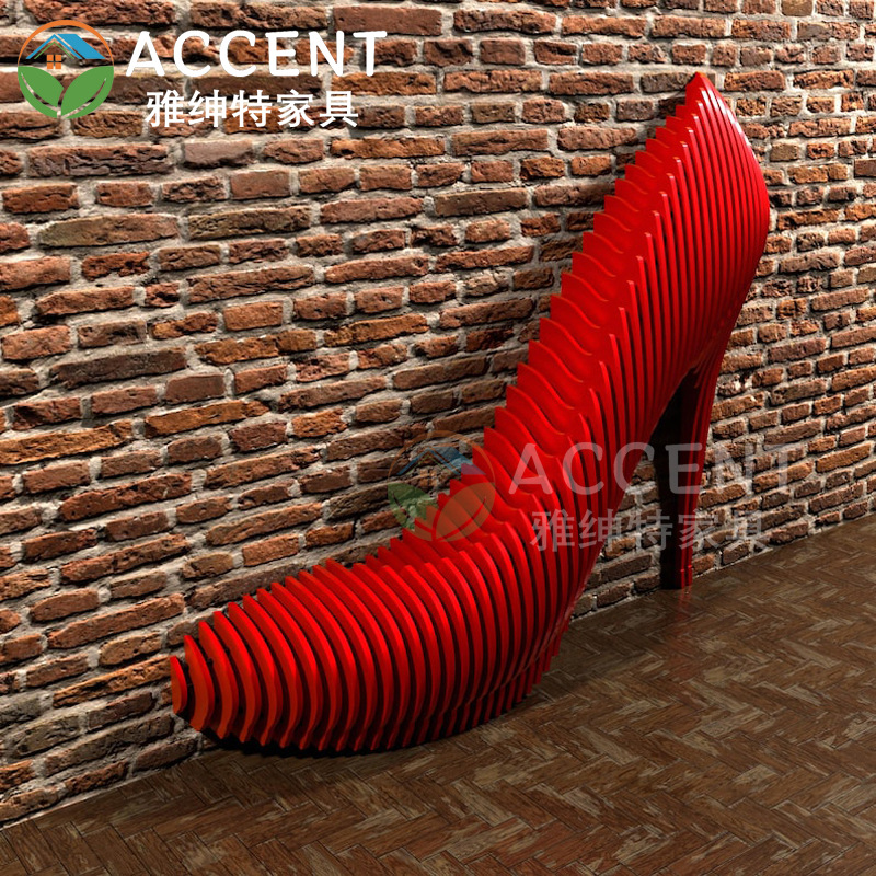 新款实木切片参数化家具红色高跟鞋造型的带靠背座椅沙发等候椅子