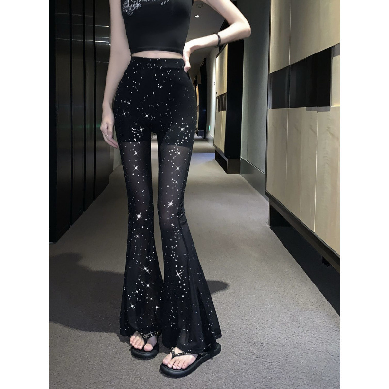 High-Waisted Mesh See-Through Casual Pants for Women, Summer Flared Long Pants with Shiny Design, Bell-Bottom Floor-Length Horse Hoof Pants