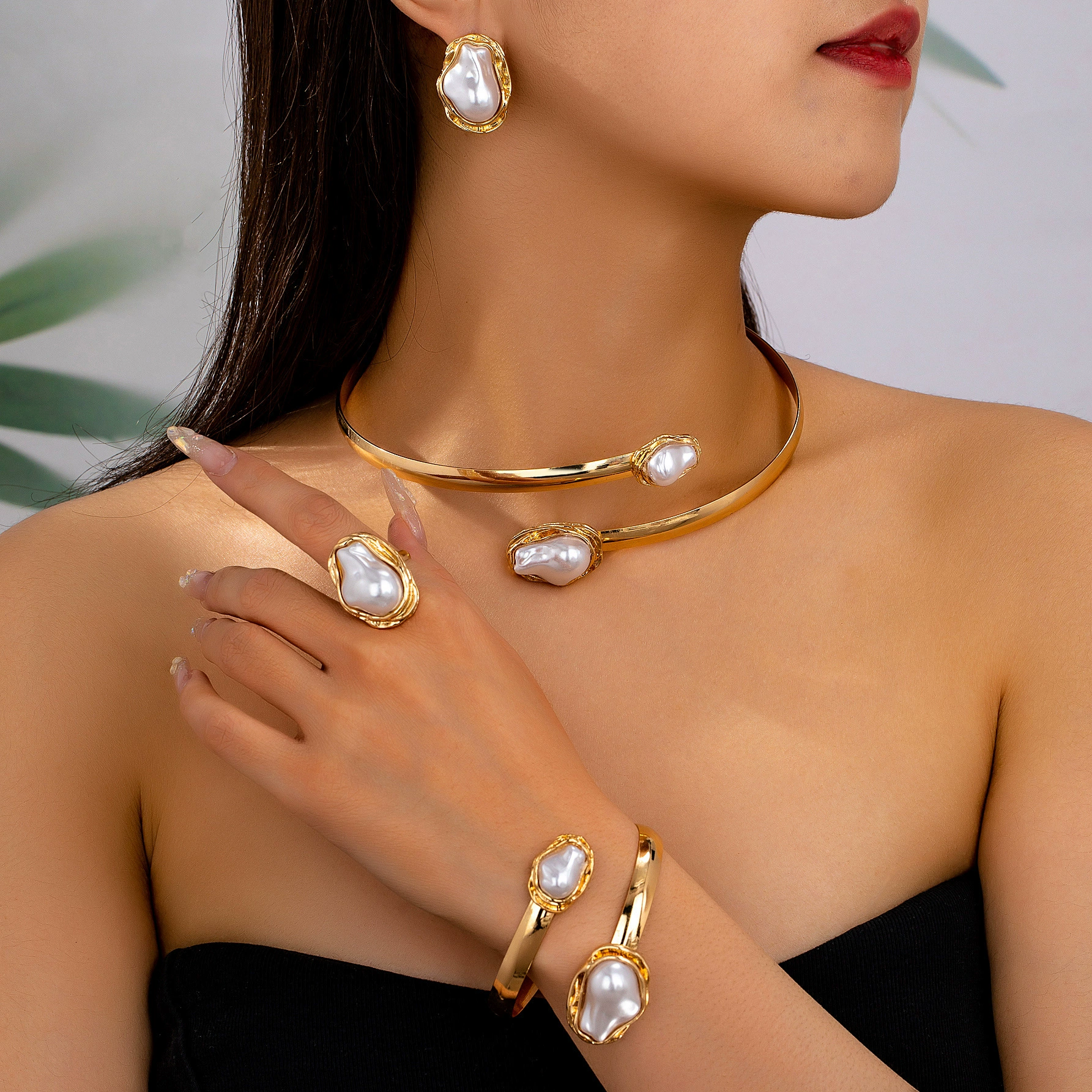 Fashionable trend retro elegant stone inlay, bracelet, ring, choker, earrings