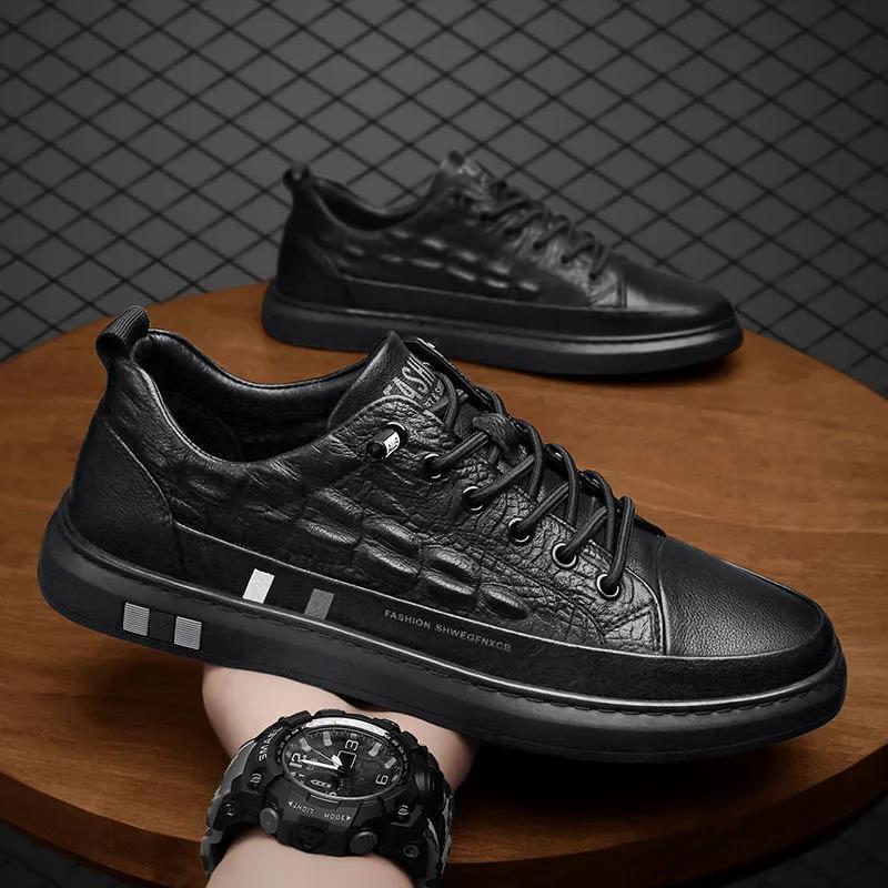 Men's Crocodile Pattern Leather Sneakers White Shoes 2025 Spring New Versatile Casual Shoes Soft Sole Soft Surface Non-Slip