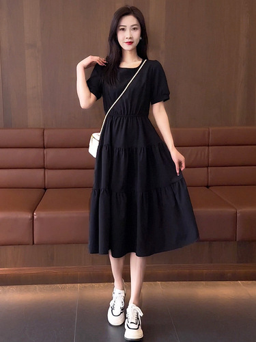 Summer Short-Sleeve Dress for Women, Medium-Long Length, 2025, Elegant, Slimming, Waist-Clinching, Fashionable, High-Waist Round Neck Dress