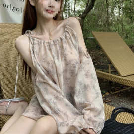 大码法式宽松碎花雪纺衫女春夏季长袖露肩挂脖防晒衬衫设计感上衣