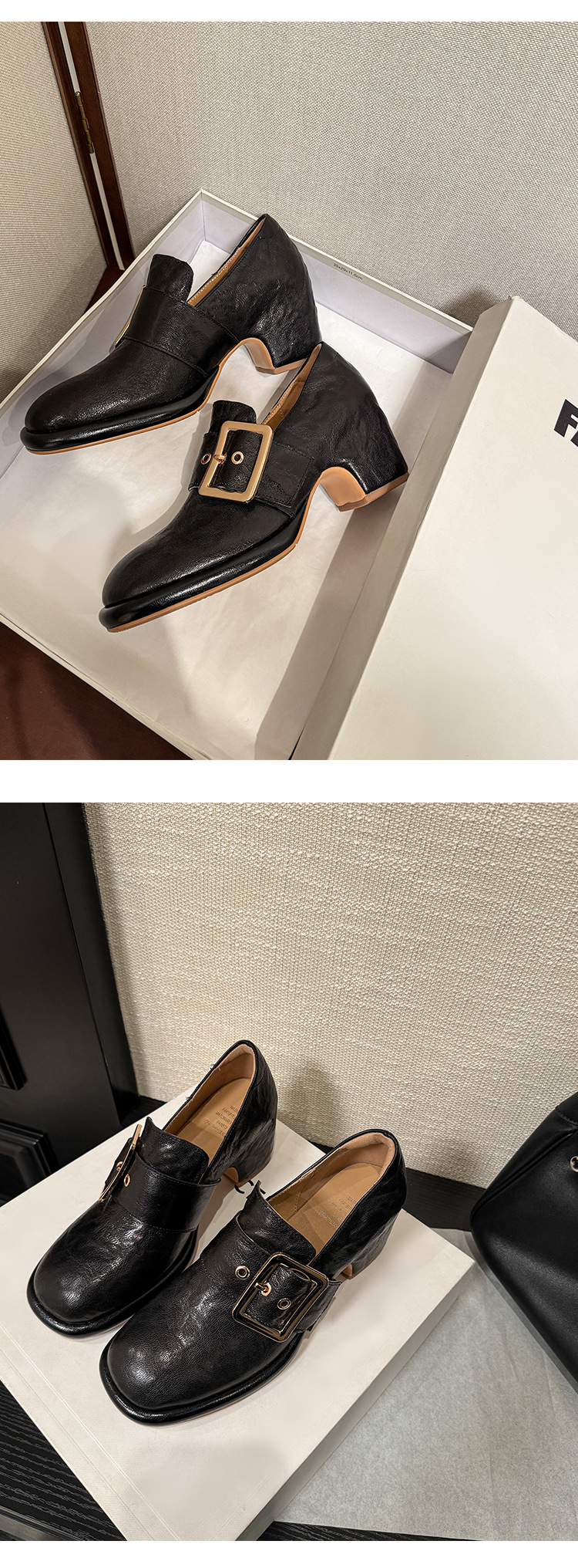 Giày cao gót nữ loafer da cừu gót vuông 7 cm — màu nâu chi tiết 16