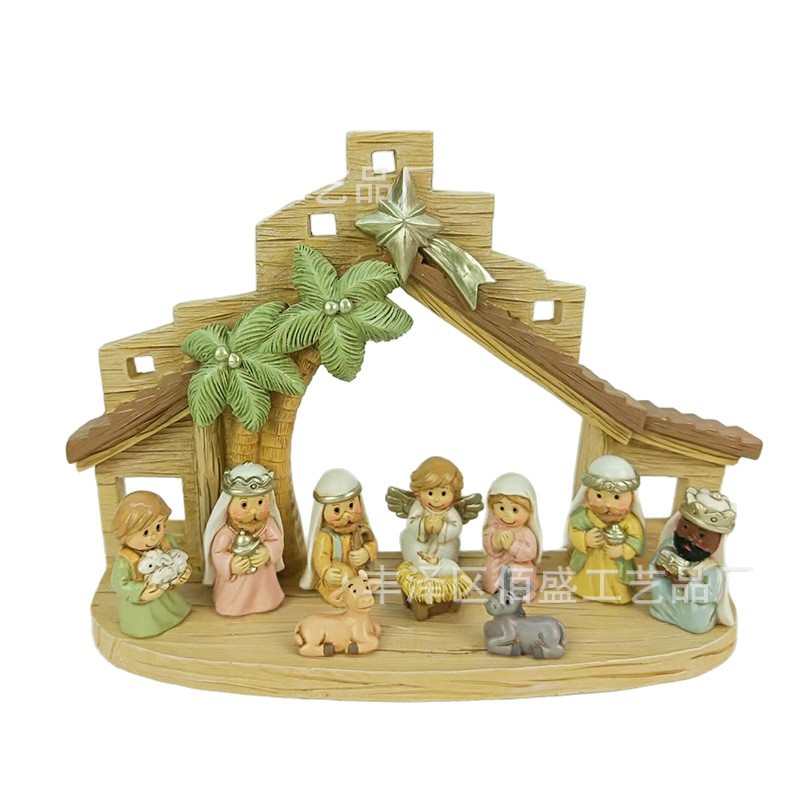 Conjunto transfronterizo de 11 regalos de Navidad dibujos animados Nacimiento del grupo de ornamentación con árboles de jable decoración de resina para el hogar